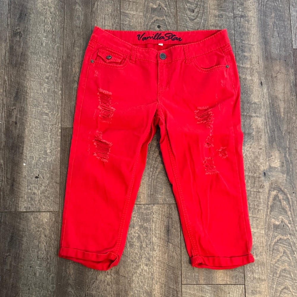 Vanilla Star Red Distressed Cropped Jeans